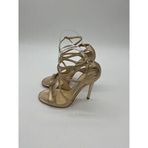Jimmy Choo 'Ivette' Gold Leather 85 High-Heel Sandals Size 7.5